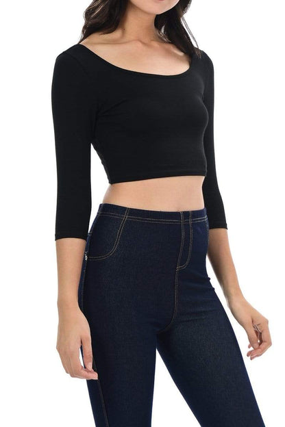 Auliné Collection Apparel Auliné Collection Womens Trendy Solid Color Basic Scooped Neck and Back Crop Top 3/4