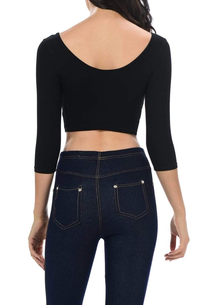 Auliné Collection Apparel Auliné Collection Womens Trendy Solid Color Basic Scooped Neck and Back Crop Top 3/4
