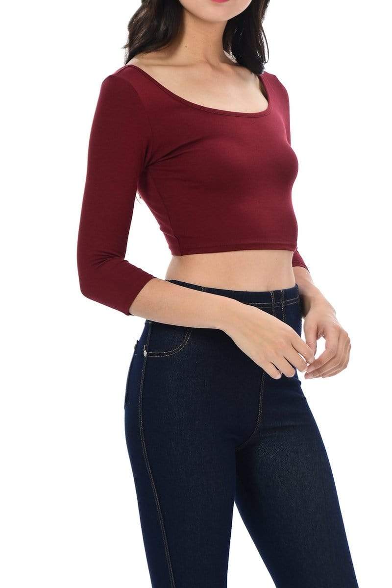 Auliné Collection Apparel Auliné Collection Womens Trendy Solid Color Basic Scooped Neck and Back Crop Top 3/4