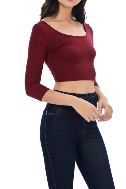 Auliné Collection Apparel Auliné Collection Womens Trendy Solid Color Basic Scooped Neck and Back Crop Top 3/4