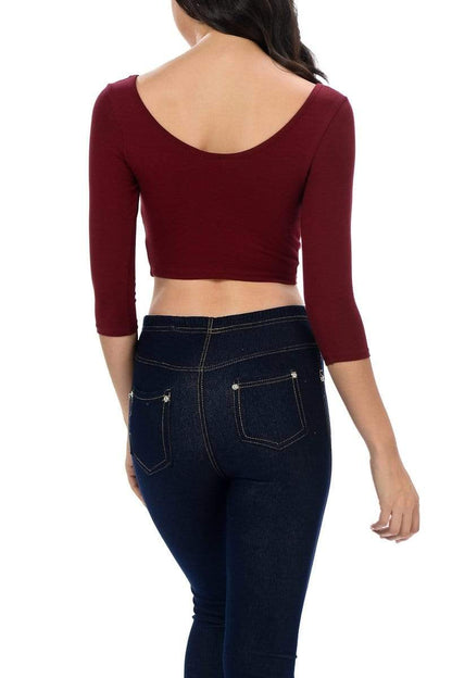 Auliné Collection Apparel Auliné Collection Womens Trendy Solid Color Basic Scooped Neck and Back Crop Top 3/4