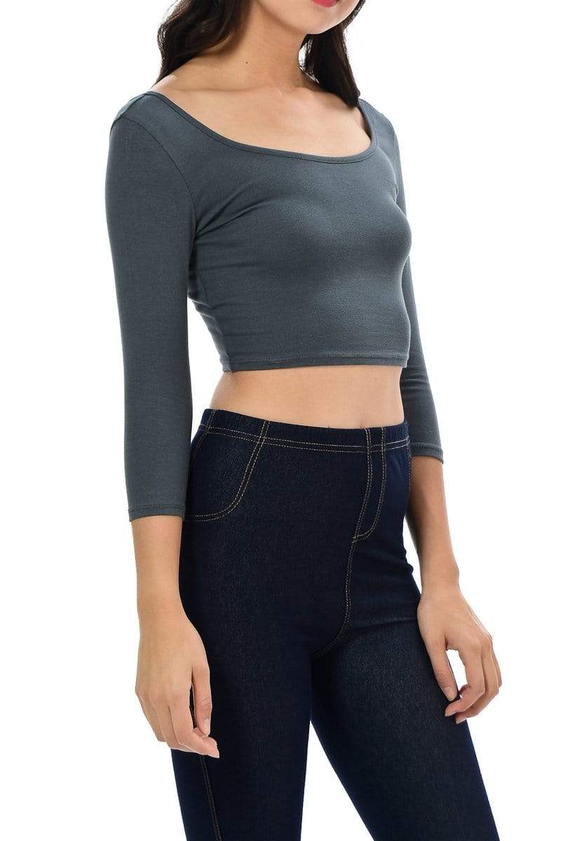 Auliné Collection Apparel Auliné Collection Womens Trendy Solid Color Basic Scooped Neck and Back Crop Top 3/4