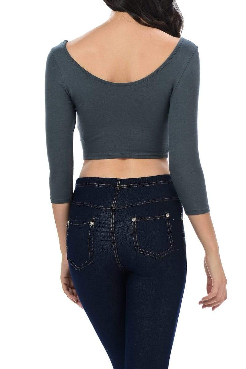 Auliné Collection Apparel Auliné Collection Womens Trendy Solid Color Basic Scooped Neck and Back Crop Top 3/4