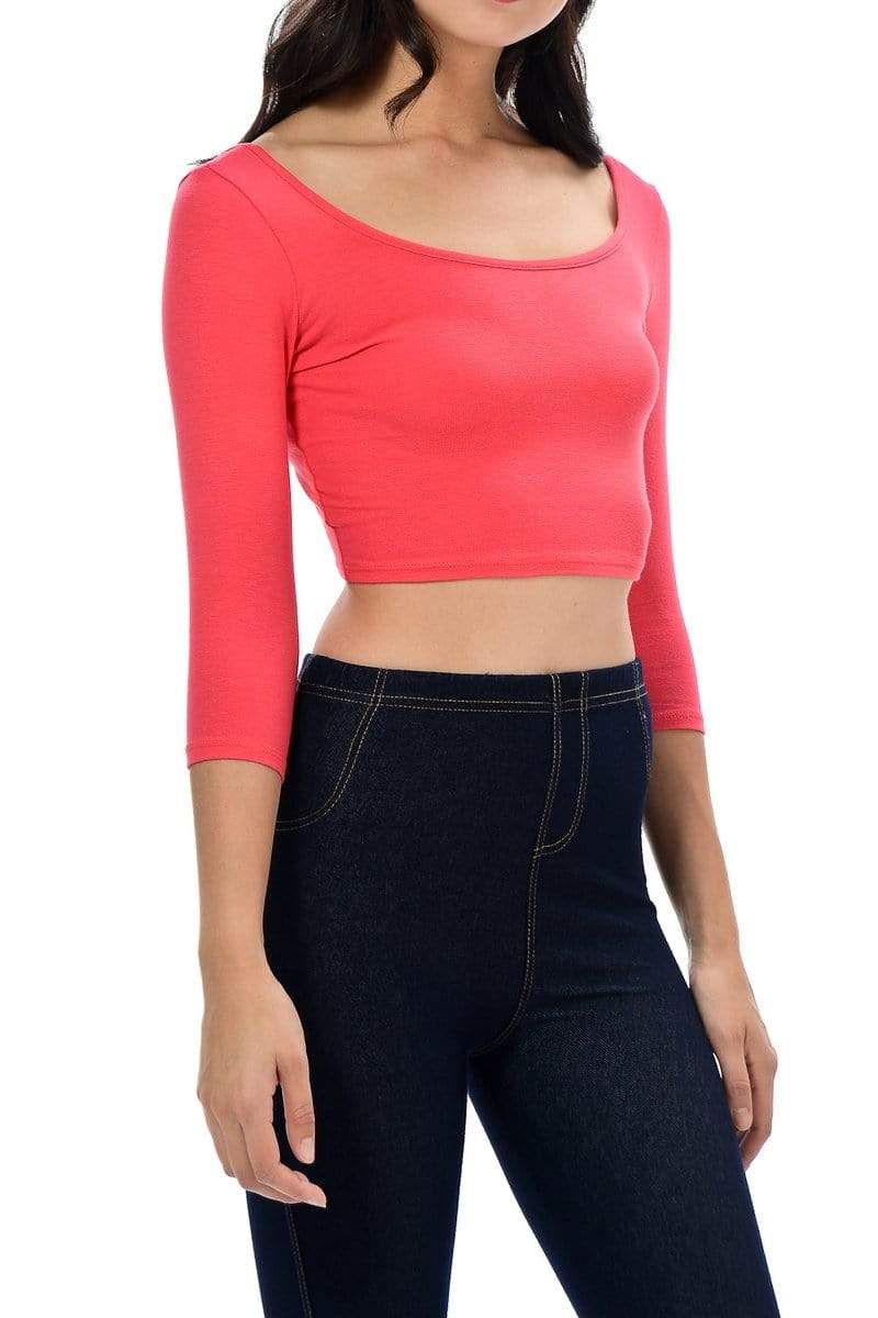 Auliné Collection Apparel Auliné Collection Womens Trendy Solid Color Basic Scooped Neck and Back Crop Top 3/4