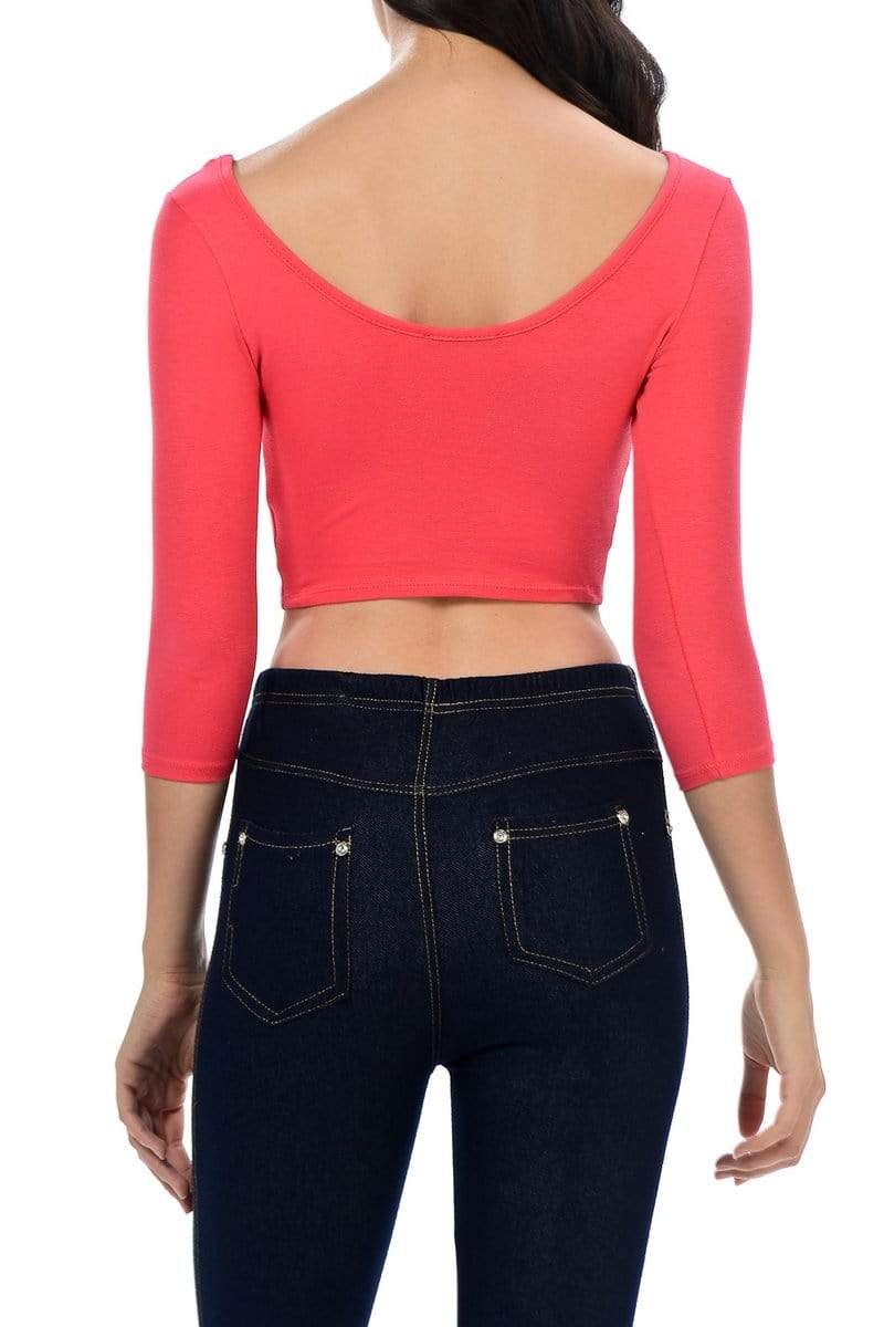 Auliné Collection Apparel Auliné Collection Womens Trendy Solid Color Basic Scooped Neck and Back Crop Top 3/4