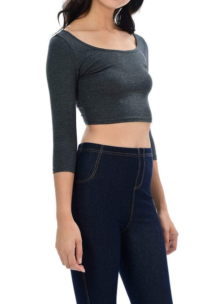 Auliné Collection Apparel Auliné Collection Womens Trendy Solid Color Basic Scooped Neck and Back Crop Top 3/4