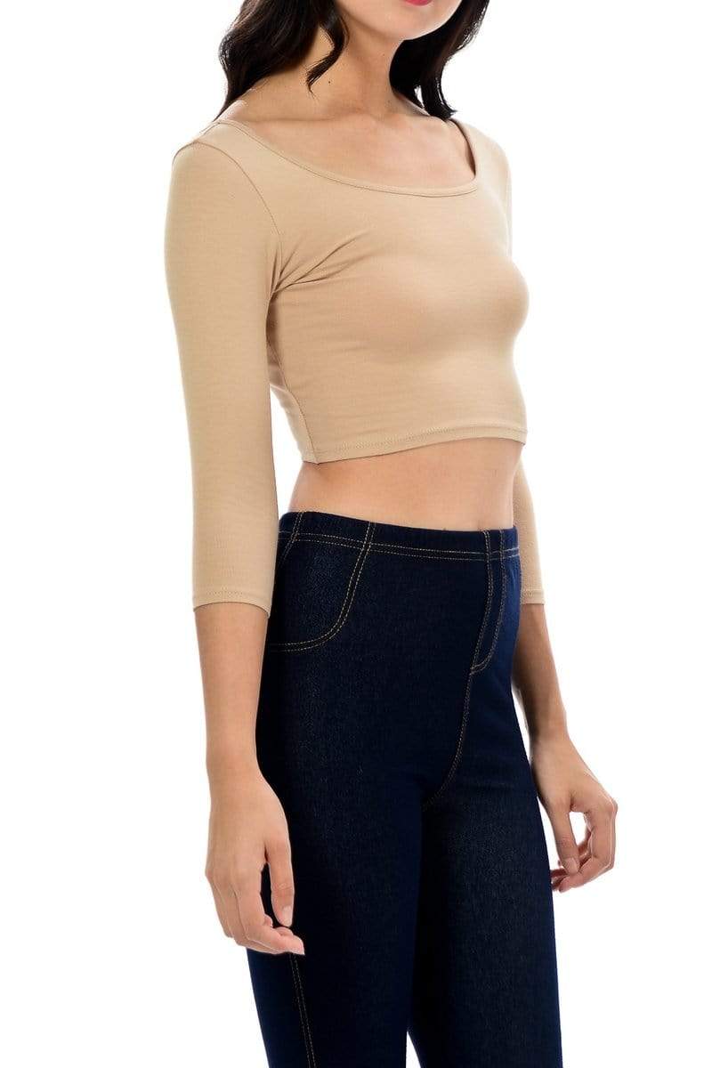 Auliné Collection Apparel Auliné Collection Womens Trendy Solid Color Basic Scooped Neck and Back Crop Top 3/4