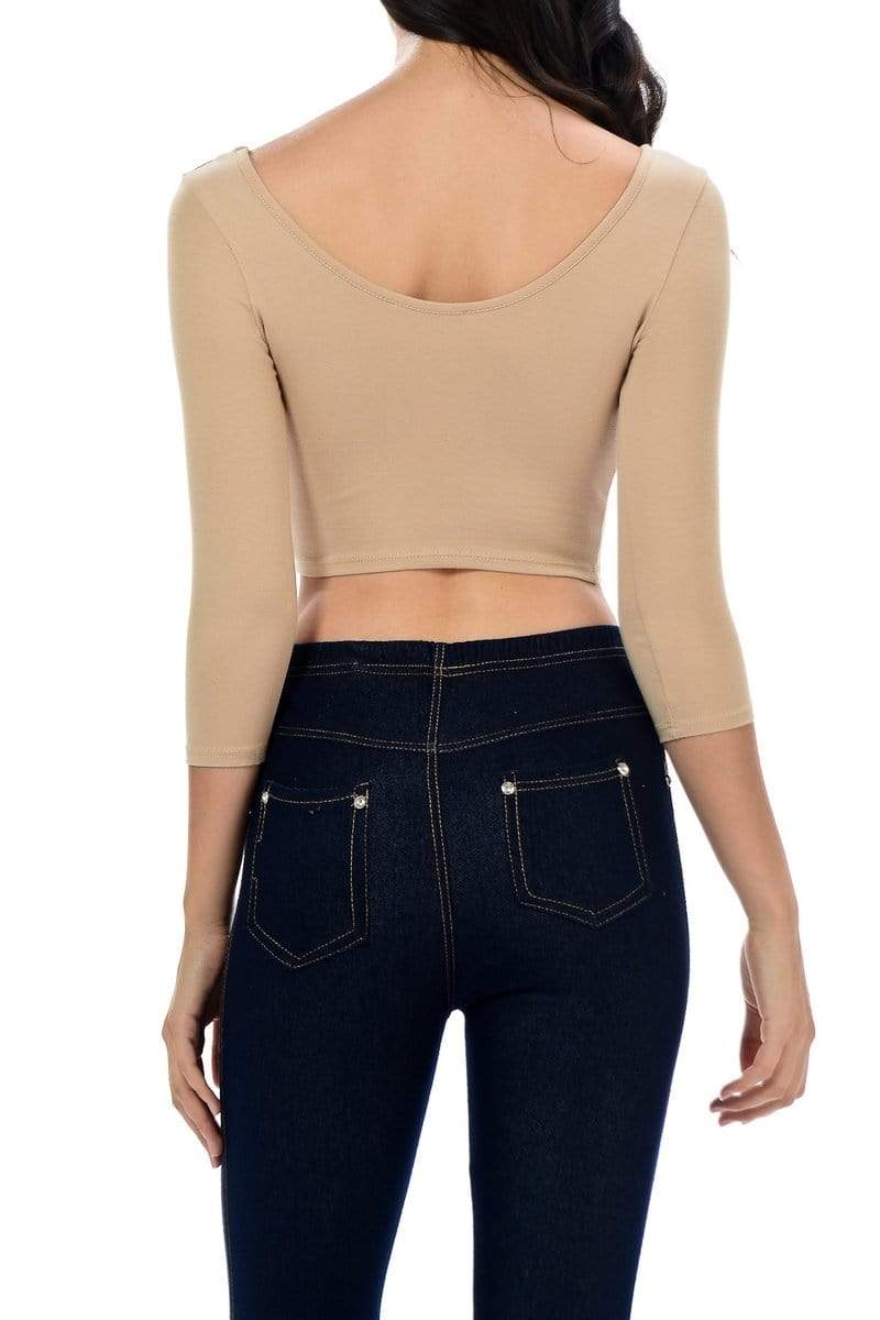 Auliné Collection Apparel Auliné Collection Womens Trendy Solid Color Basic Scooped Neck and Back Crop Top 3/4
