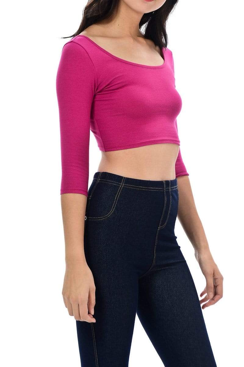Auliné Collection Apparel Auliné Collection Womens Trendy Solid Color Basic Scooped Neck and Back Crop Top 3/4