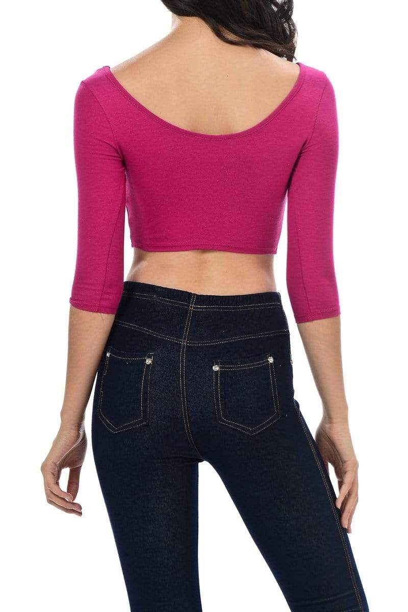 Auliné Collection Apparel Auliné Collection Womens Trendy Solid Color Basic Scooped Neck and Back Crop Top 3/4