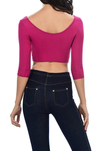 Auliné Collection Apparel Auliné Collection Womens Trendy Solid Color Basic Scooped Neck and Back Crop Top 3/4