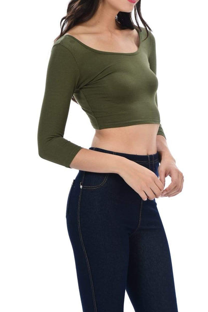 Auliné Collection Apparel Auliné Collection Womens Trendy Solid Color Basic Scooped Neck and Back Crop Top 3/4