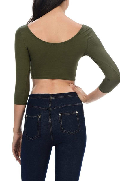 Auliné Collection Apparel Auliné Collection Womens Trendy Solid Color Basic Scooped Neck and Back Crop Top 3/4