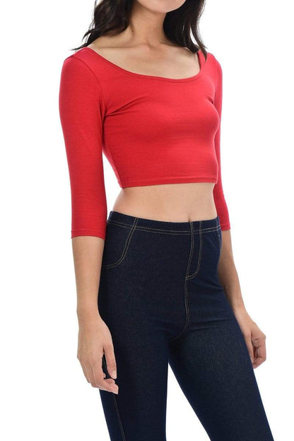 Auliné Collection Apparel Auliné Collection Womens Trendy Solid Color Basic Scooped Neck and Back Crop Top 3/4