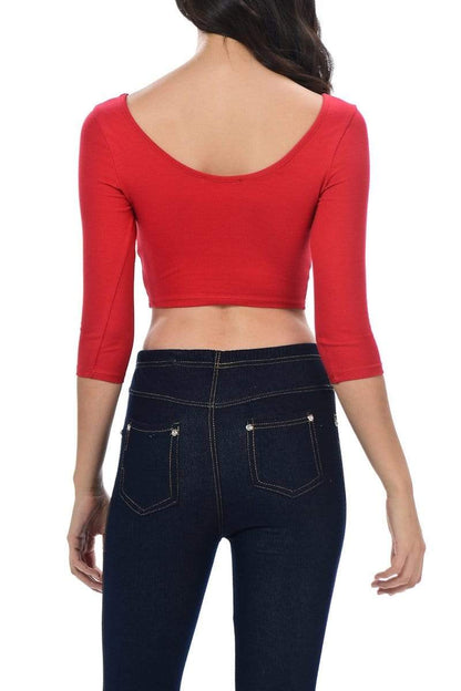 Auliné Collection Apparel Auliné Collection Womens Trendy Solid Color Basic Scooped Neck and Back Crop Top 3/4