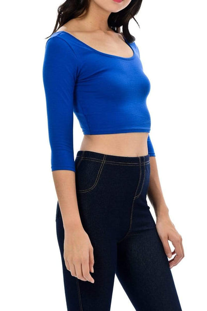 Auliné Collection Apparel Auliné Collection Womens Trendy Solid Color Basic Scooped Neck and Back Crop Top 3/4