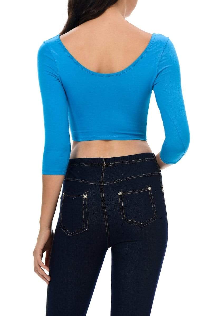 Auliné Collection Apparel Auliné Collection Womens Trendy Solid Color Basic Scooped Neck and Back Crop Top 3/4