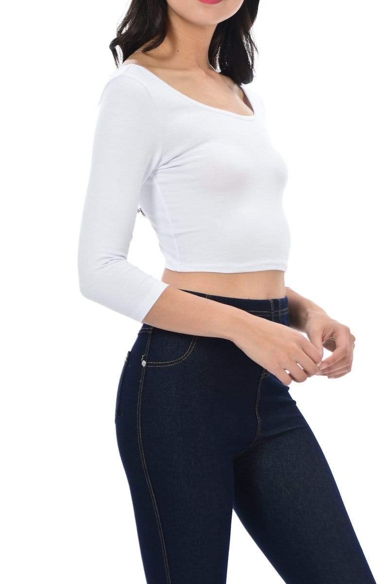 Auliné Collection Apparel Auliné Collection Womens Trendy Solid Color Basic Scooped Neck and Back Crop Top 3/4