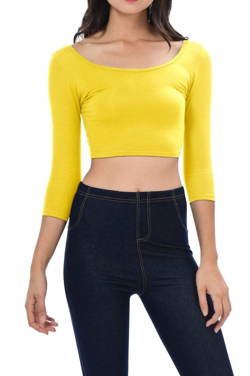 Auliné Collection Apparel Auliné Collection Womens Trendy Solid Color Basic Scooped Neck and Back Crop Top 3/4