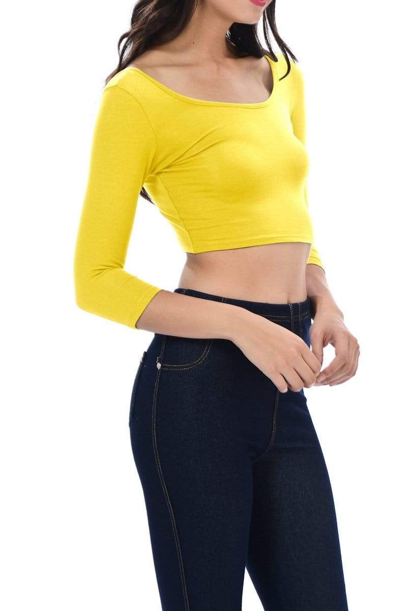 Auliné Collection Apparel Auliné Collection Womens Trendy Solid Color Basic Scooped Neck and Back Crop Top 3/4