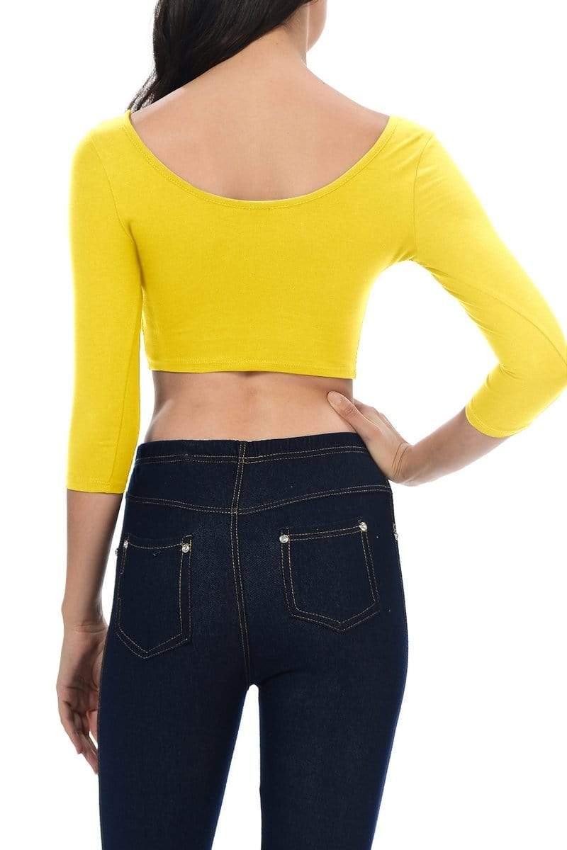 Auliné Collection Apparel Auliné Collection Womens Trendy Solid Color Basic Scooped Neck and Back Crop Top 3/4