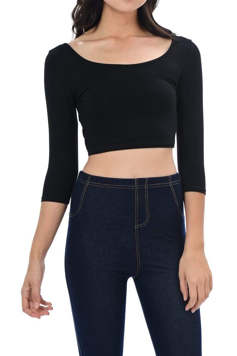 Auliné Collection Apparel Black / Small Auliné Collection Womens Trendy Solid Color Basic Scooped Neck and Back Crop Top 3/4