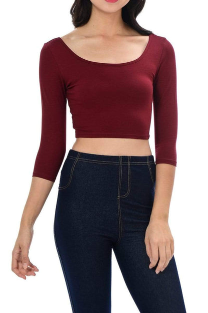 Auliné Collection Womens Trendy Solid Color Basic Scooped Neck and Back Crop Top 3/4
