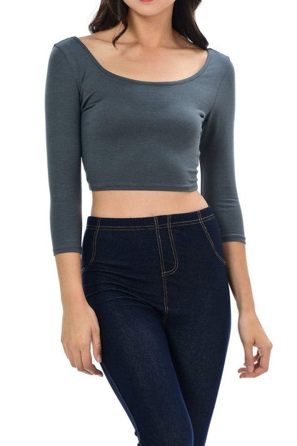 Auliné Collection Apparel Charcoal Gray / Small Auliné Collection Womens Trendy Solid Color Basic Scooped Neck and Back Crop Top 3/4