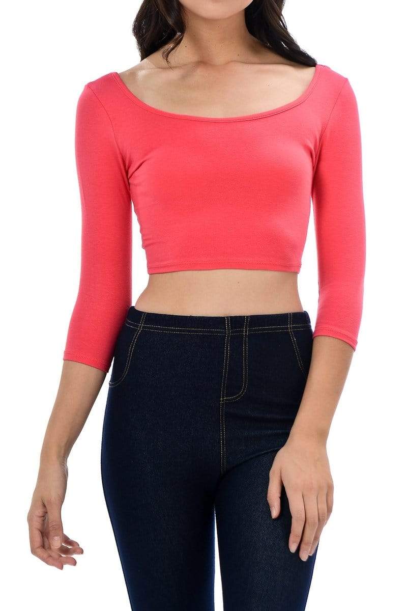 Auliné Collection Apparel Dark Coral / Small Auliné Collection Womens Trendy Solid Color Basic Scooped Neck and Back Crop Top 3/4