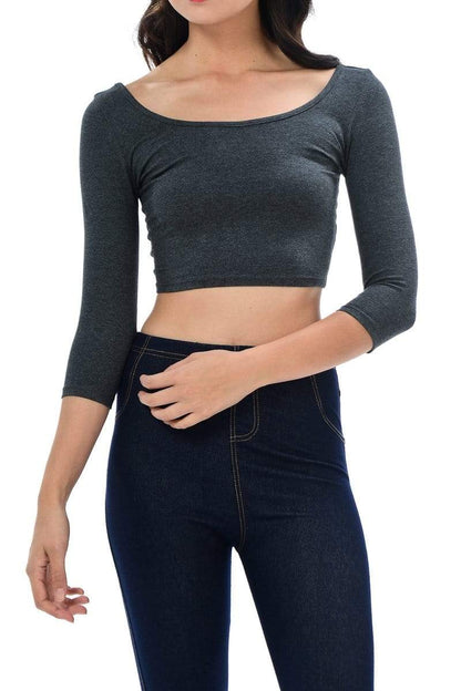 Auliné Collection Apparel Heather Charcoal / Small Auliné Collection Womens Trendy Solid Color Basic Scooped Neck and Back Crop Top 3/4
