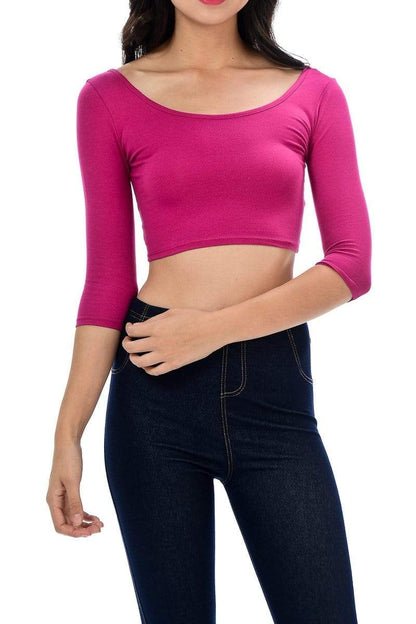 Auliné Collection Womens Trendy Solid Color Basic Scooped Neck and Back Crop Top 3/4