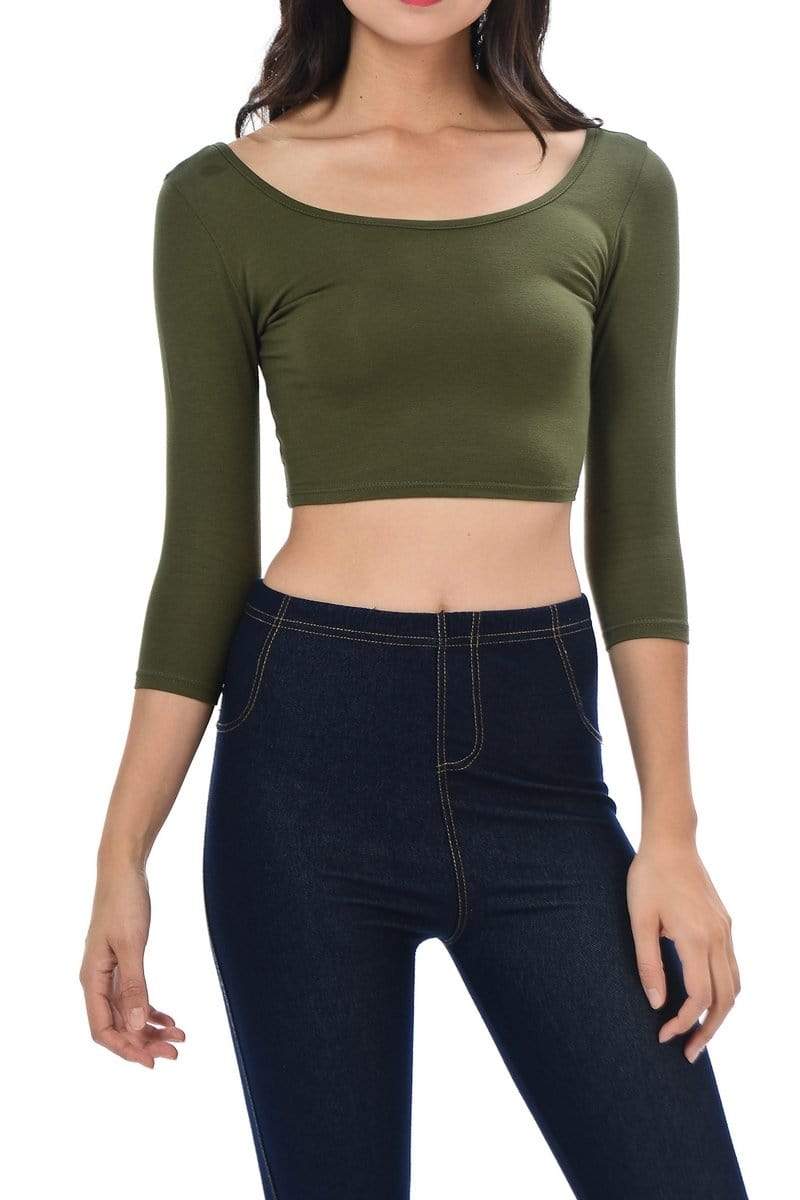 Auliné Collection Apparel Olive Green / Small Auliné Collection Womens Trendy Solid Color Basic Scooped Neck and Back Crop Top 3/4