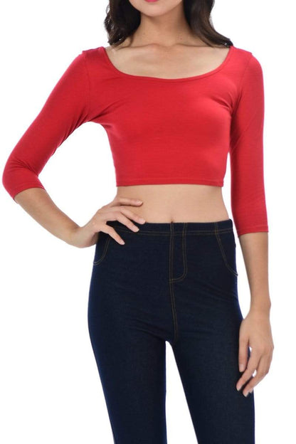 Auliné Collection Womens Trendy Solid Color Basic Scooped Neck and Back Crop Top 3/4