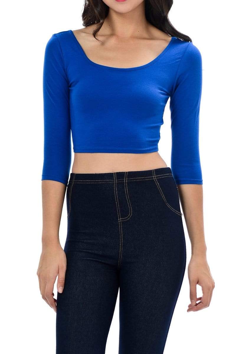 Auliné Collection Apparel Royal Blue / Small Auliné Collection Womens Trendy Solid Color Basic Scooped Neck and Back Crop Top 3/4
