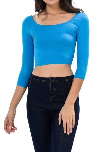 Auliné Collection Apparel Turquoise / Small Auliné Collection Womens Trendy Solid Color Basic Scooped Neck and Back Crop Top 3/4