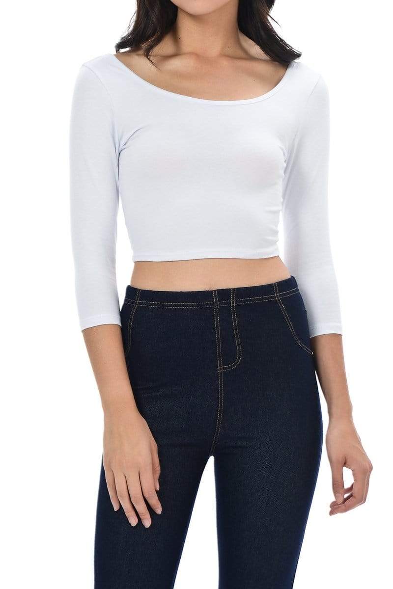 Auliné Collection Apparel White / Small Auliné Collection Womens Trendy Solid Color Basic Scooped Neck and Back Crop Top 3/4