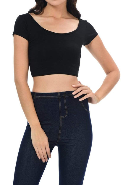 Auliné Collection Apparel Black / Small Auliné Collection Womens Trendy Solid Color Basic Scooped Neck and Back Crop Top