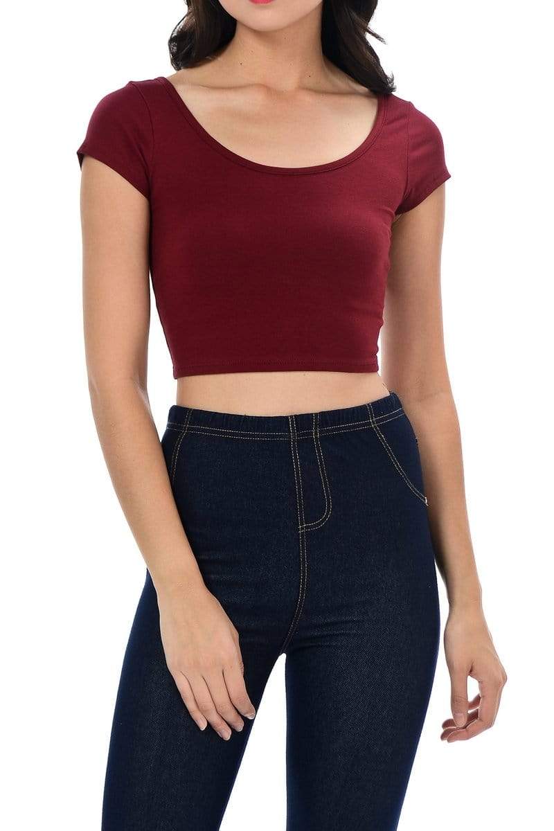 Auliné Collection Apparel Burgundy / Small Auliné Collection Womens Trendy Solid Color Basic Scooped Neck and Back Crop Top