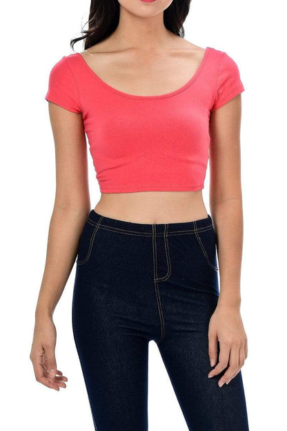 Auliné Collection Apparel Dark Coral / Small Auliné Collection Womens Trendy Solid Color Basic Scooped Neck and Back Crop Top