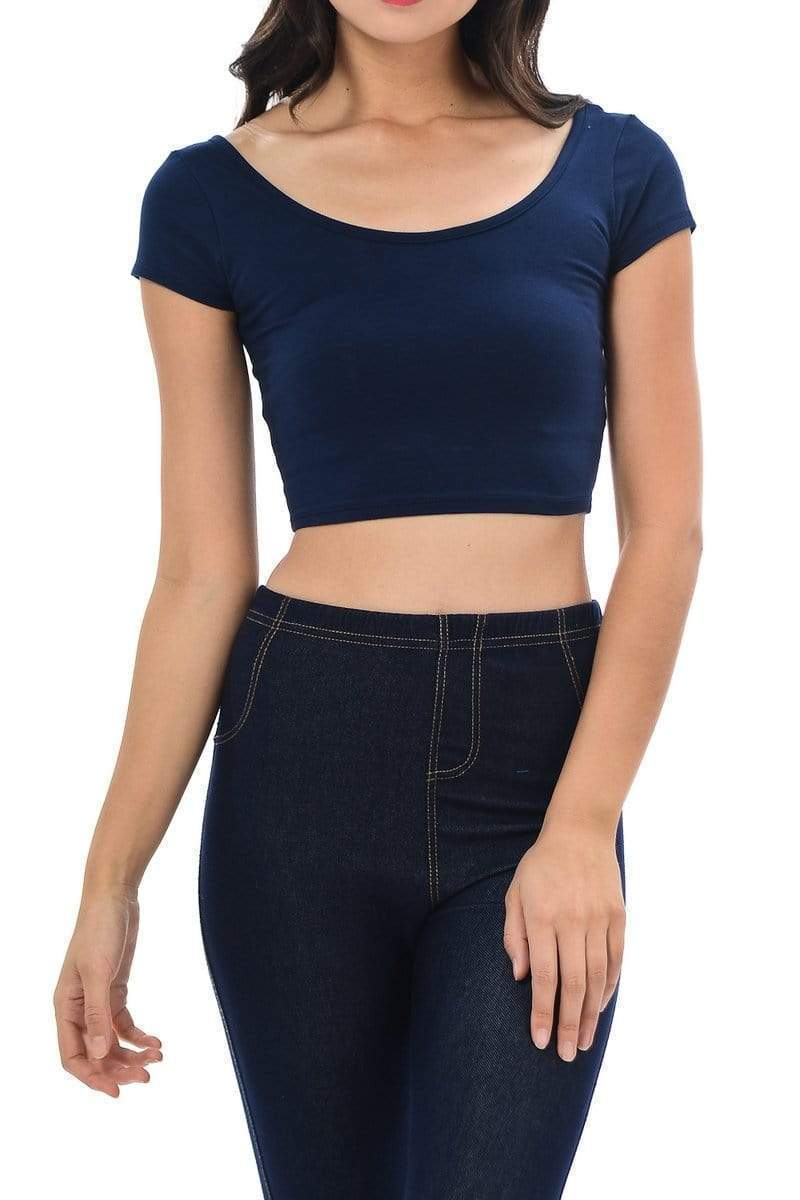 Auliné Collection Apparel Navy Blue / Small Auliné Collection Womens Trendy Solid Color Basic Scooped Neck and Back Crop Top