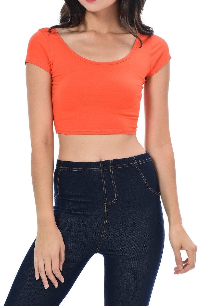 Auliné Collection Apparel Orange / Small Auliné Collection Womens Trendy Solid Color Basic Scooped Neck and Back Crop Top