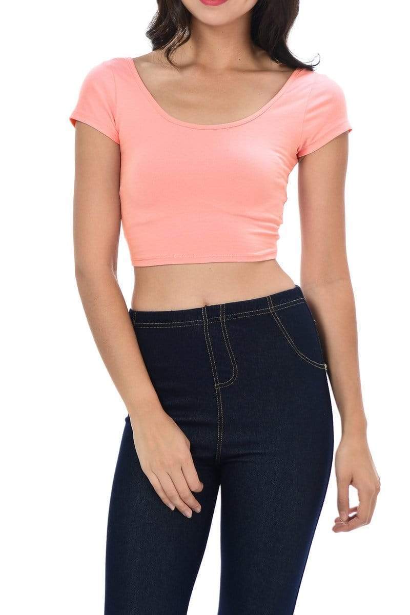 Auliné Collection Apparel Peach / Small Auliné Collection Womens Trendy Solid Color Basic Scooped Neck and Back Crop Top