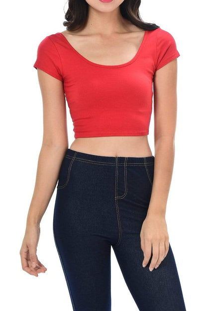 Auliné Collection Apparel Red / Small Auliné Collection Womens Trendy Solid Color Basic Scooped Neck and Back Crop Top