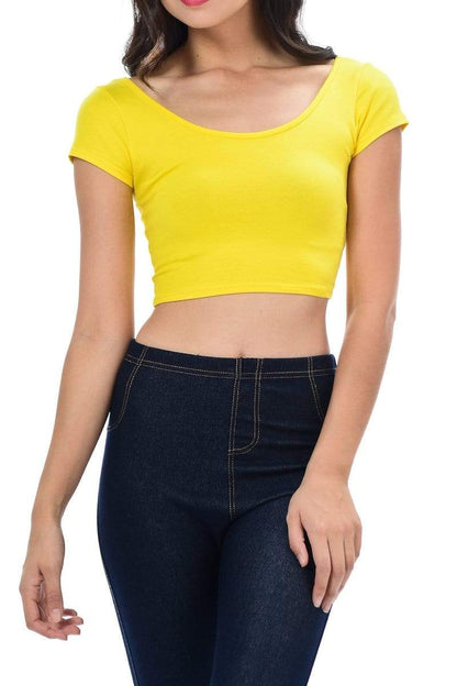 Auliné Collection Apparel Yellow / Small Auliné Collection Womens Trendy Solid Color Basic Scooped Neck and Back Crop Top