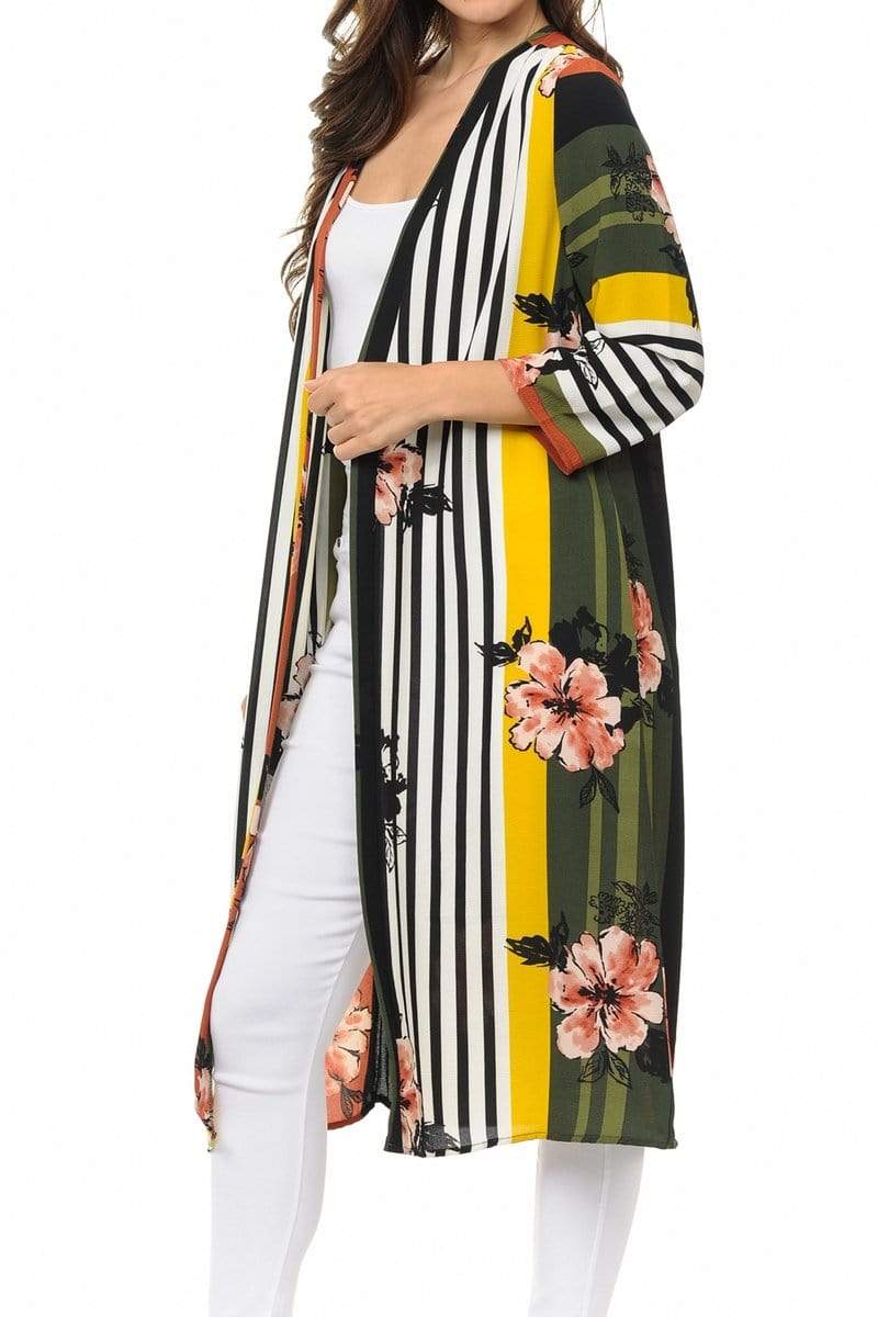 Auliné Collection Womens USA Made Casual Cover Up Cape Gown Robe Cardigan Kimono, Color Block Floral