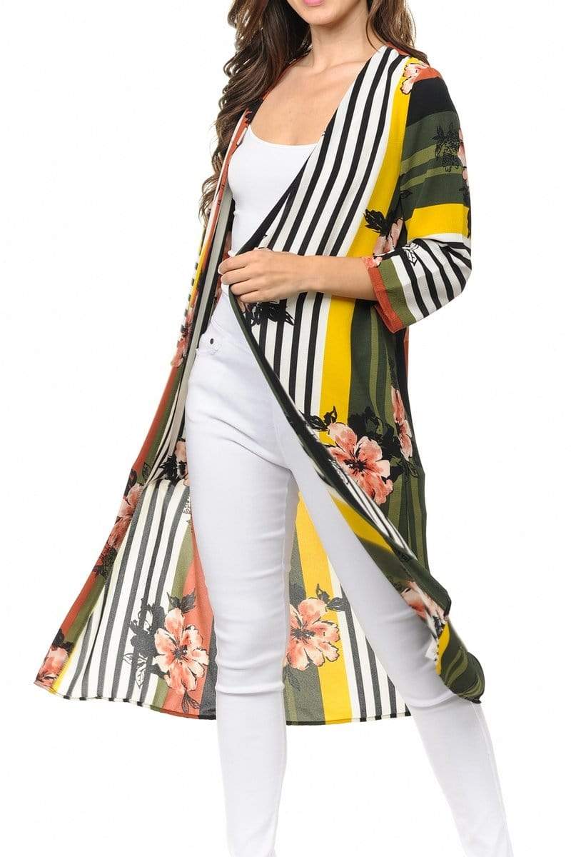 Auliné Collection Womens USA Made Casual Cover Up Cape Gown Robe Cardigan Kimono, Color Block Floral