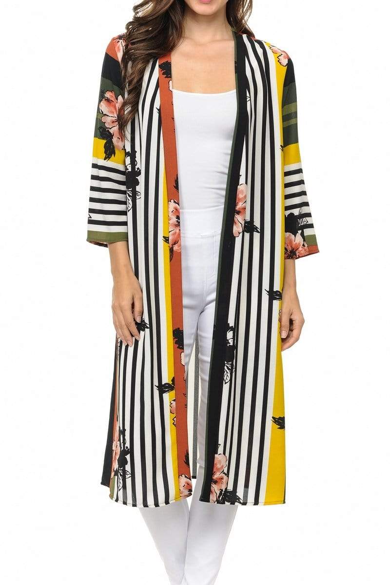 Auliné Collection Womens USA Made Casual Cover Up Cape Gown Robe Cardigan Kimono, Color Block Floral