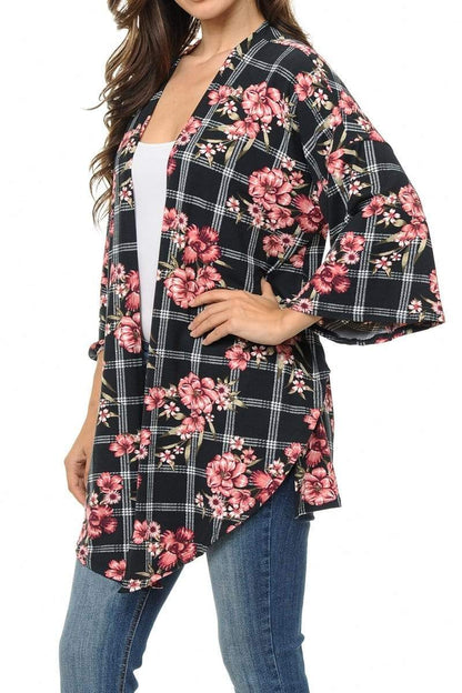 Auliné Collection Womens USA Made Casual Cover Up Cape Gown Robe Cardigan Kimono, Grid Floral