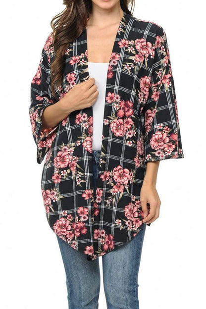 Auliné Collection Womens USA Made Casual Cover Up Cape Gown Robe Cardigan Kimono, Grid Floral