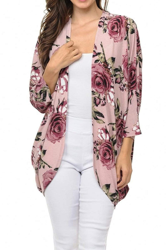 Auliné Collection Womens USA Made Casual Cover Up Cape Gown Robe Cardigan Kimono, Rose Bloom